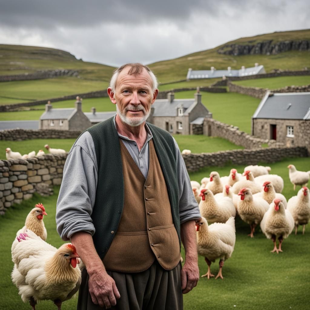 Shetland Farmer with Livestock in Realistic Photo