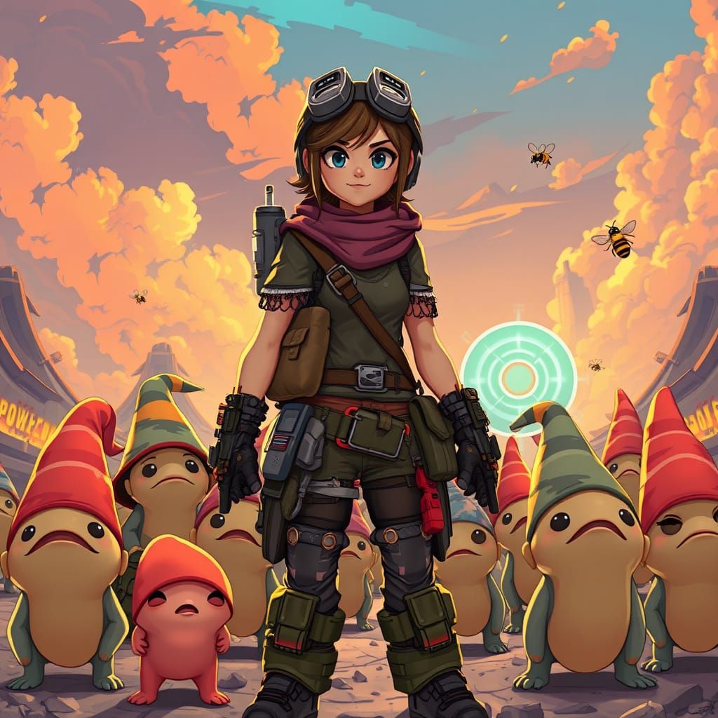 Janet and Slime Gnomes in Dystopian Landscape