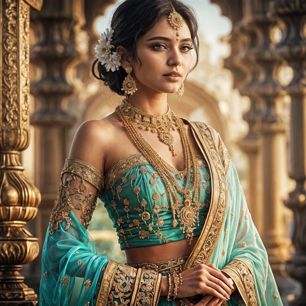Indian princess in gold jewelry in an Indian palace