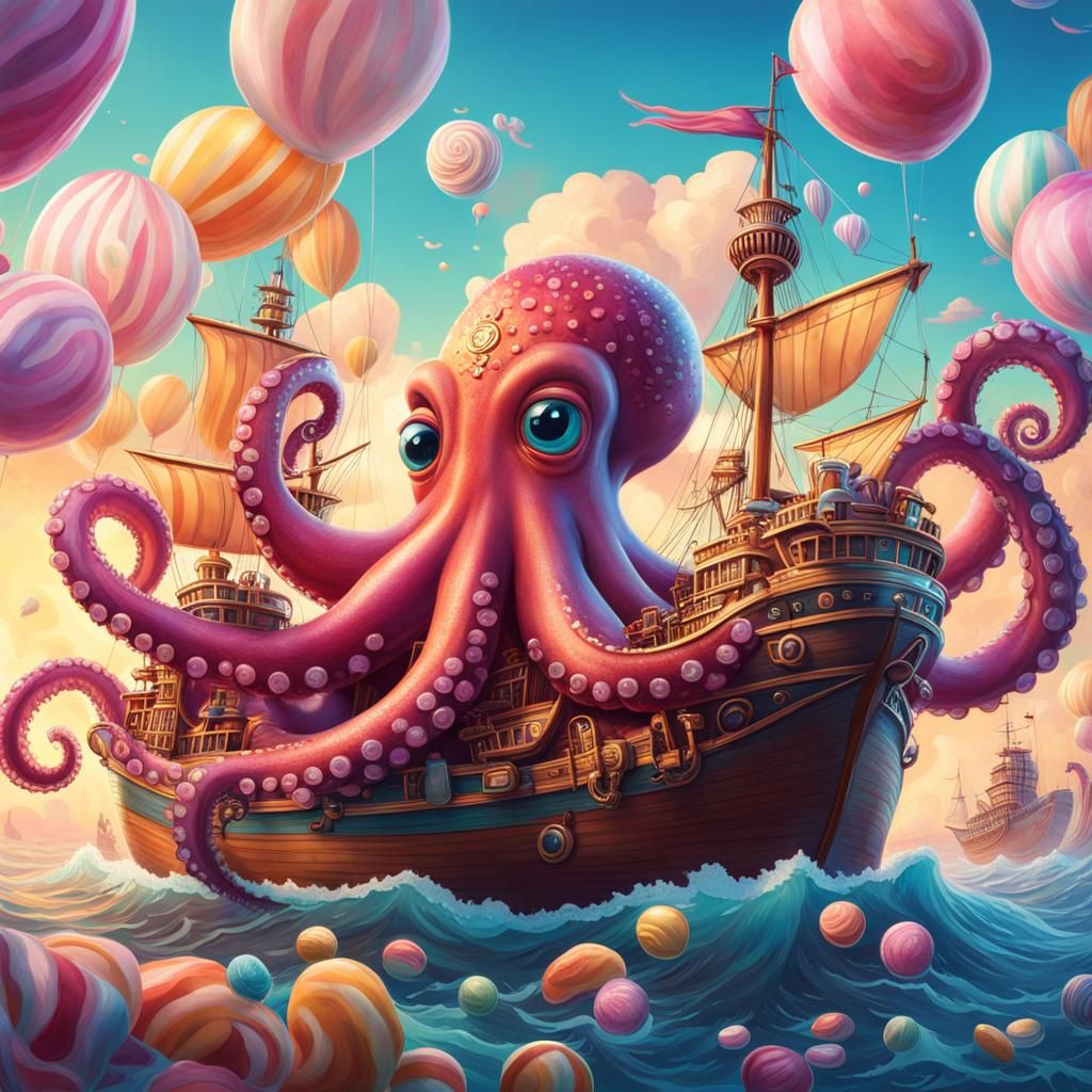 Giant Octopus with Ship in Candy Art Style