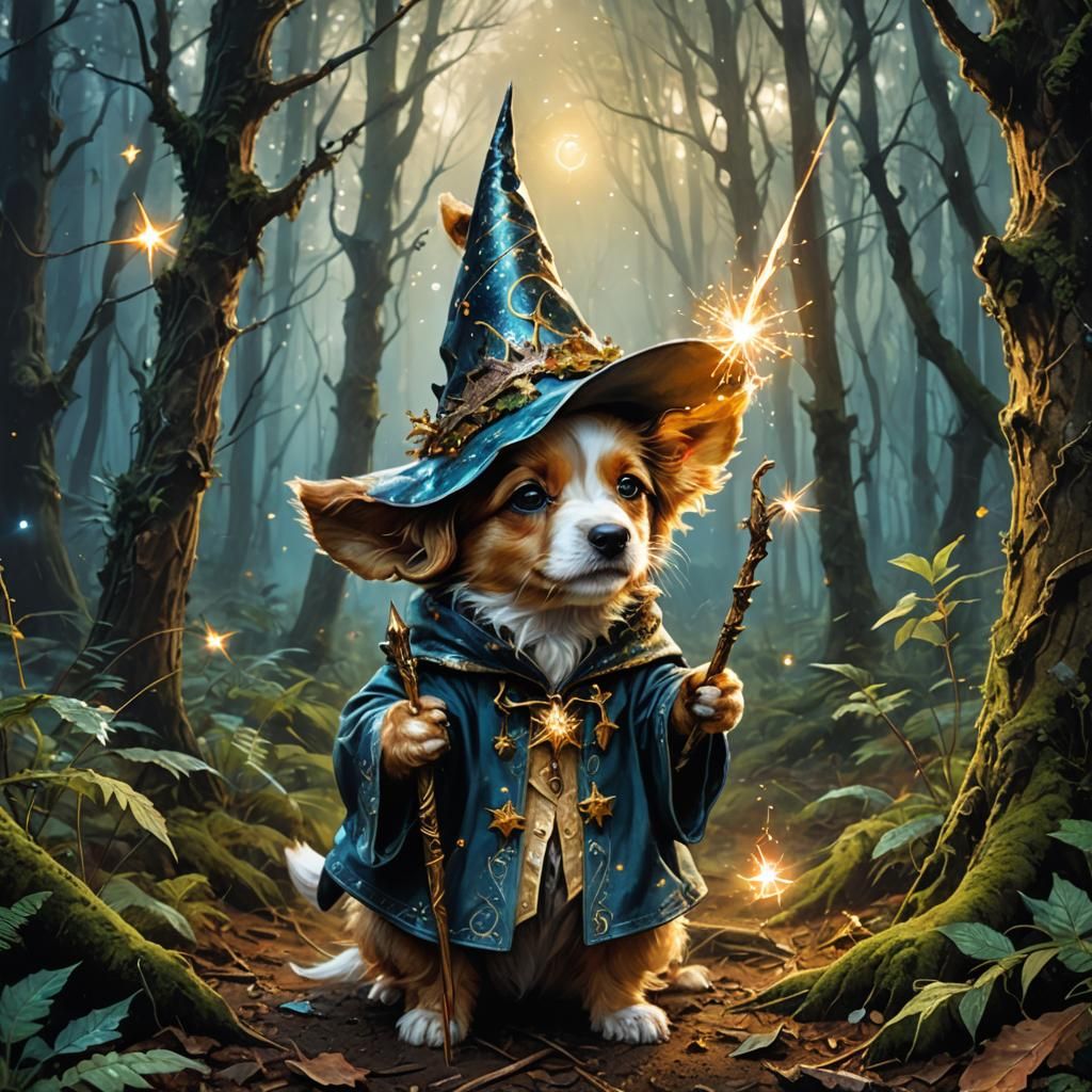 Supercute Puppy Wizard in Enchanted Forest