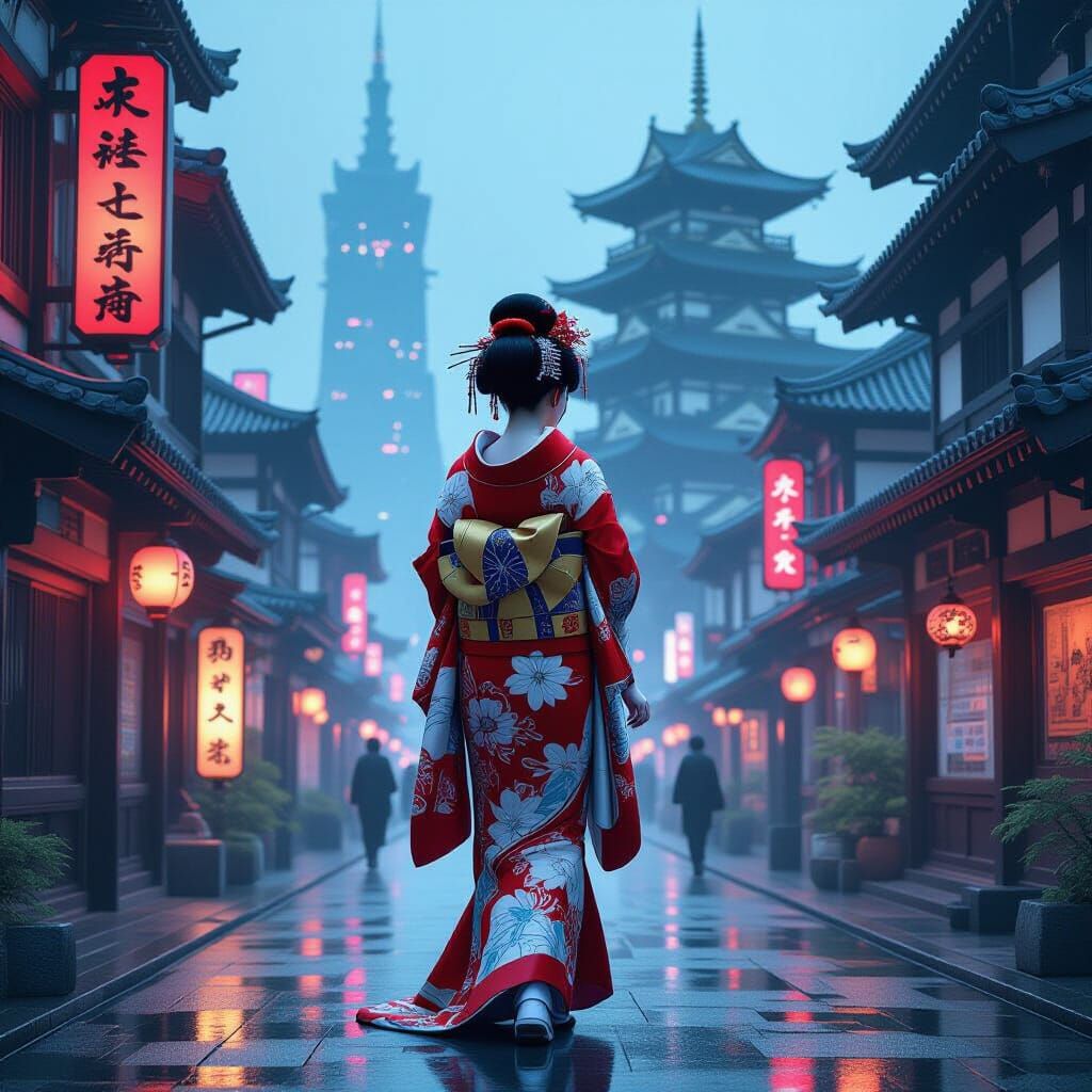 Cyberpunk Geisha in Futuristic Medieval Cityscape