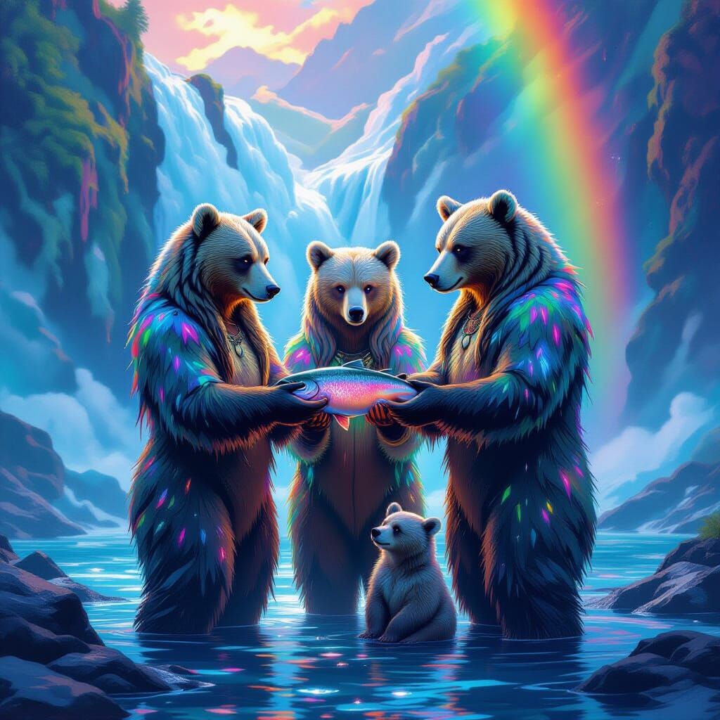 Hybrid Bear-Women at Alaskan Rainbow Waterfall