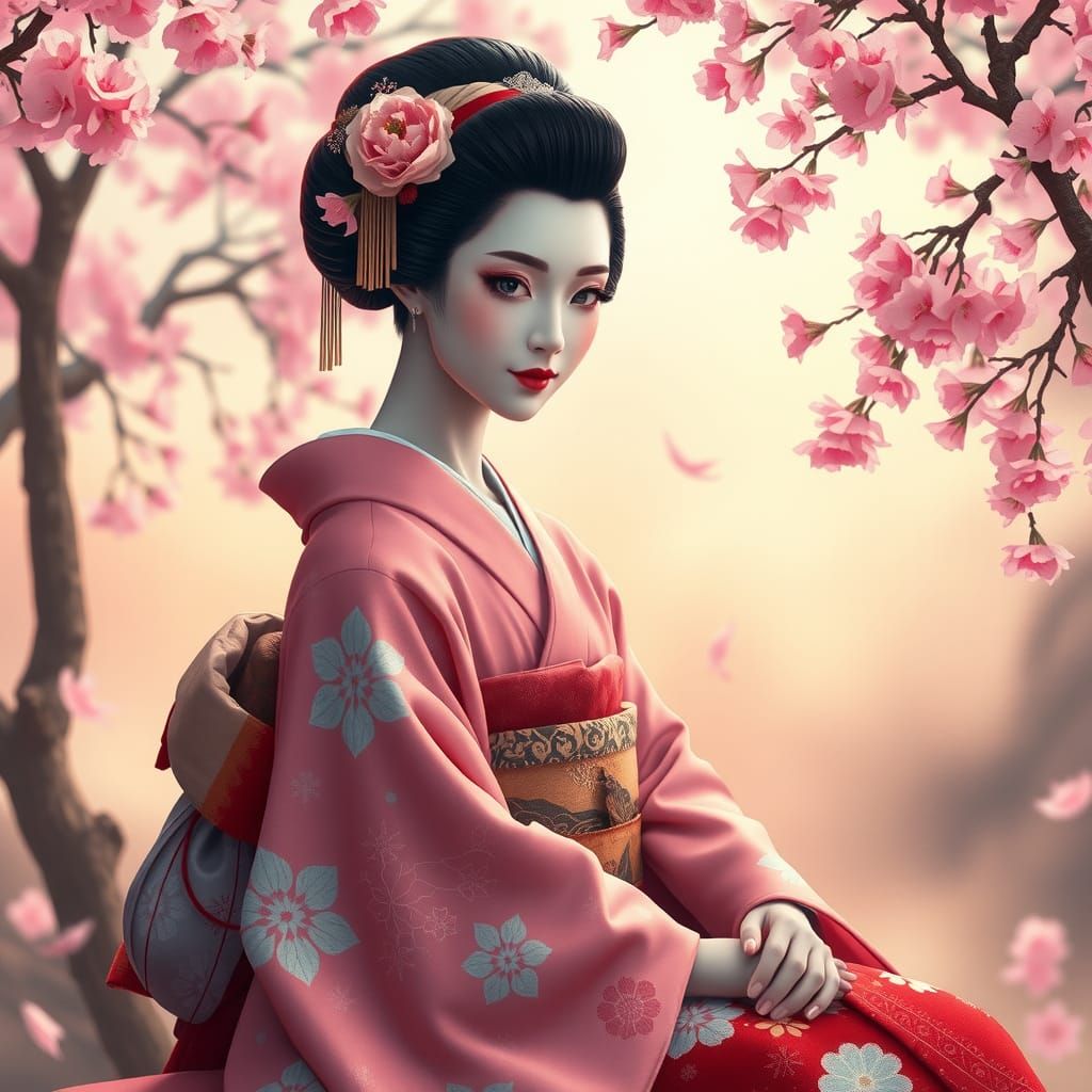 Geisha in Cherry Garden, Ukiyo-e Anime Style