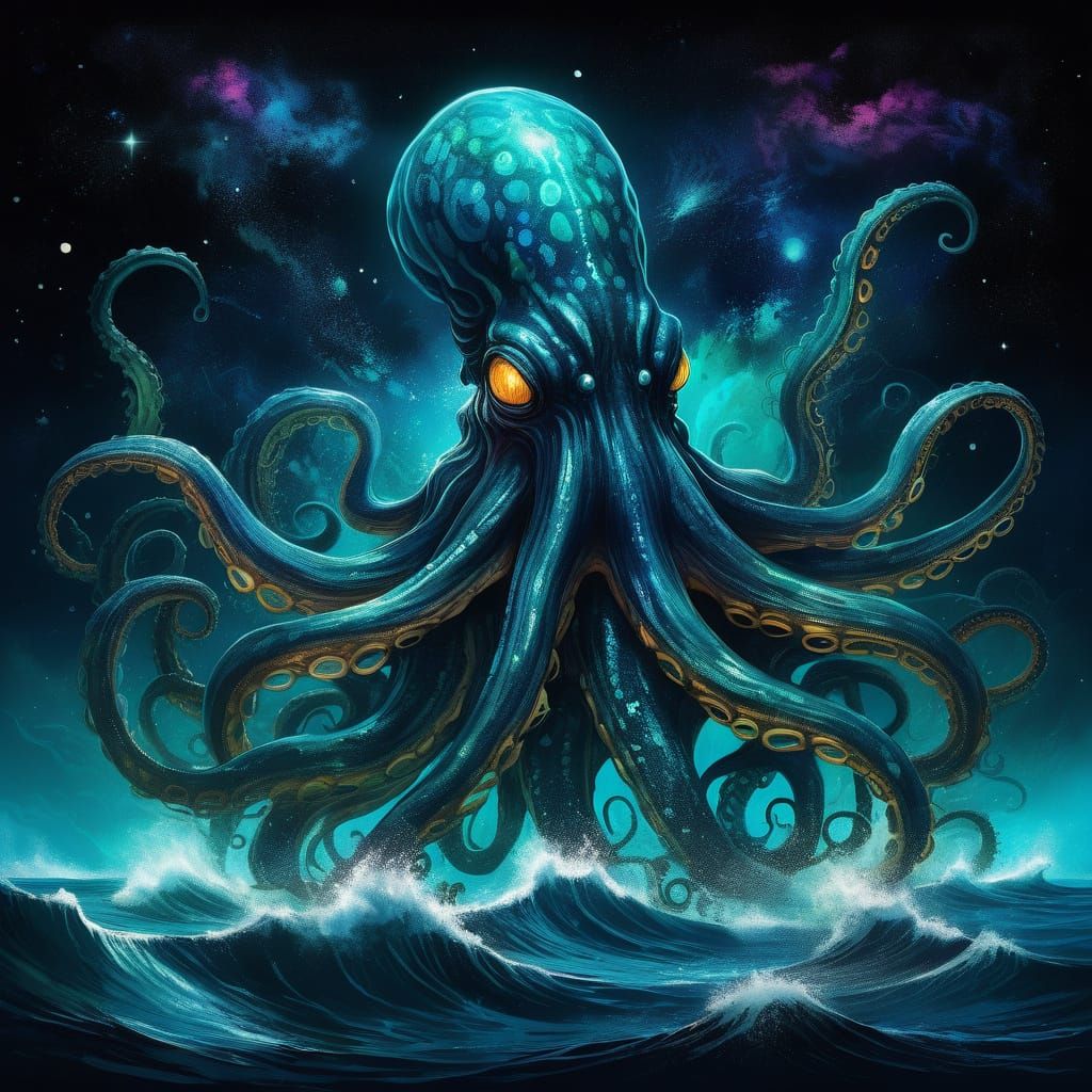 Cosmic Kraken Emerges From Starry Depths in Fluid Art Style
