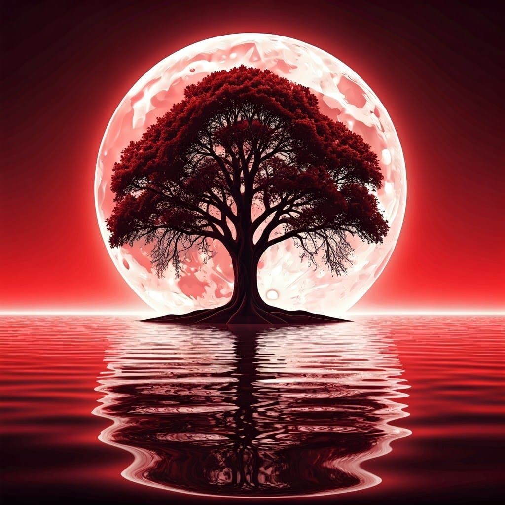 Surreal Big Tree and Full Moon in Red-Gray