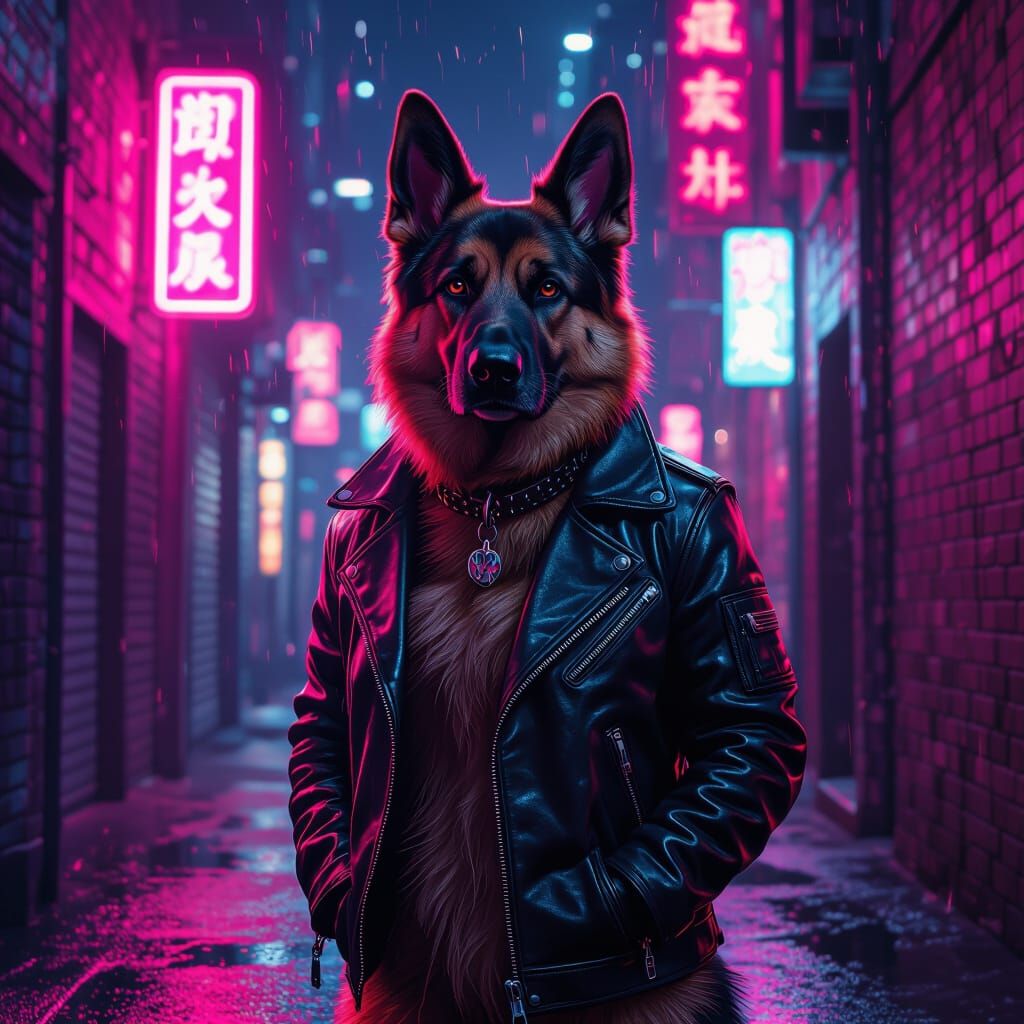 Noble German Shepherd in Cyberpunk City Alley