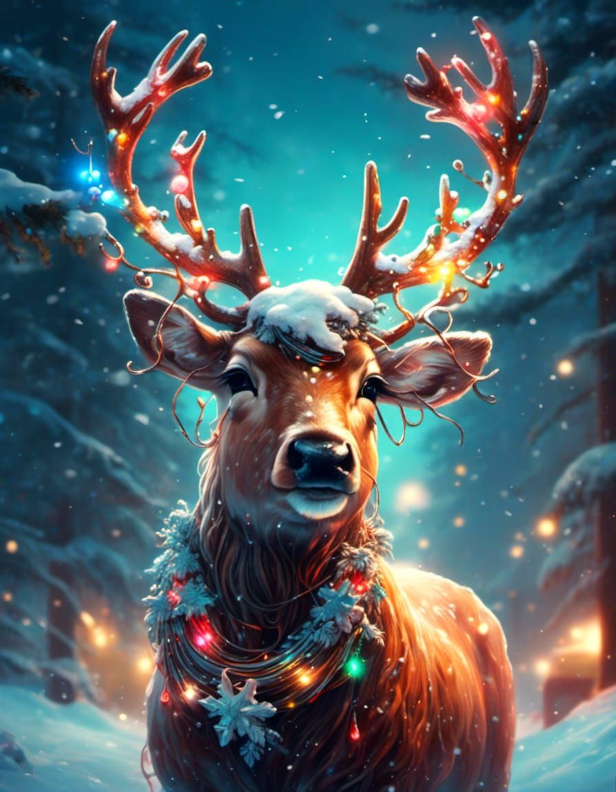 Christmas Reindeer with Lights Digital Illustration