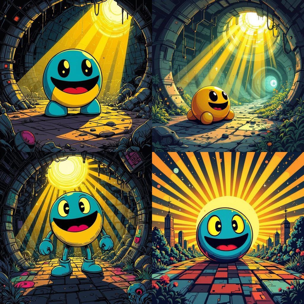 Retro Futuristic Pac-Man Scene in Golden Hour Sunlight