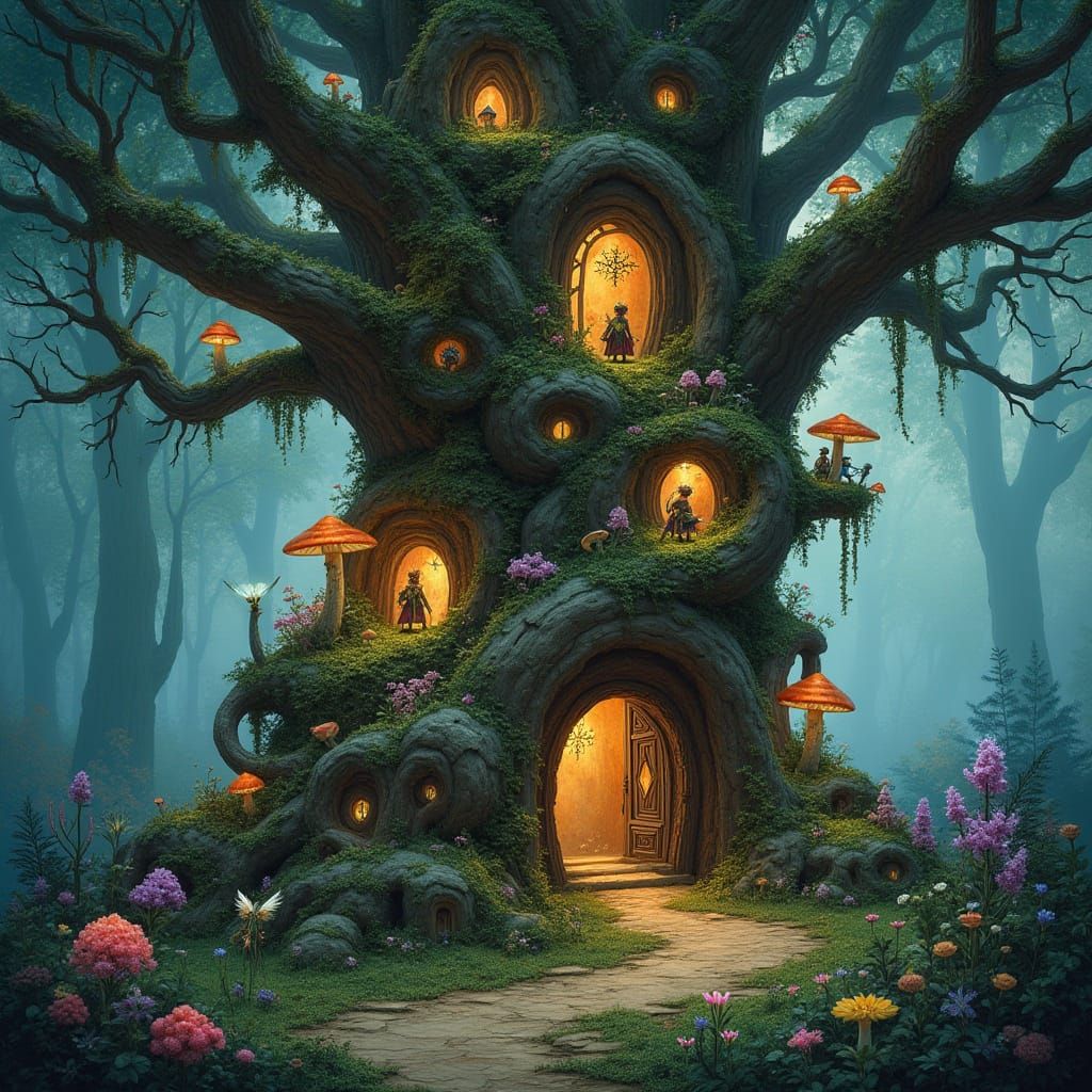 Ancient Tree Village in Whimsical Fantasy Style