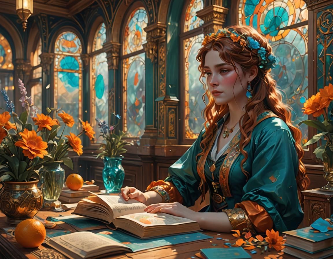 Detailed Books Concept Art in Art Nouveau Style