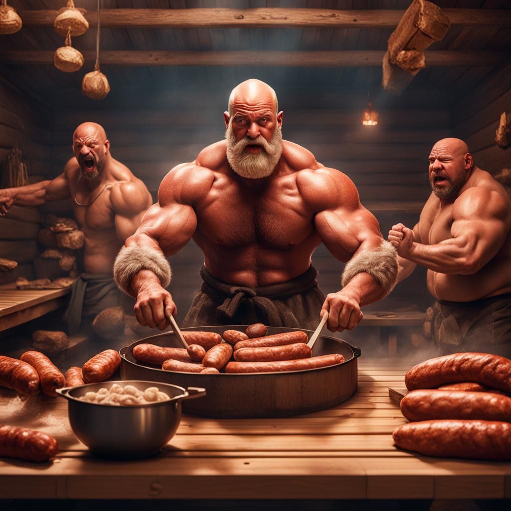 Muscular Man Battles Sausages in Sauna: Detailed Digital Art