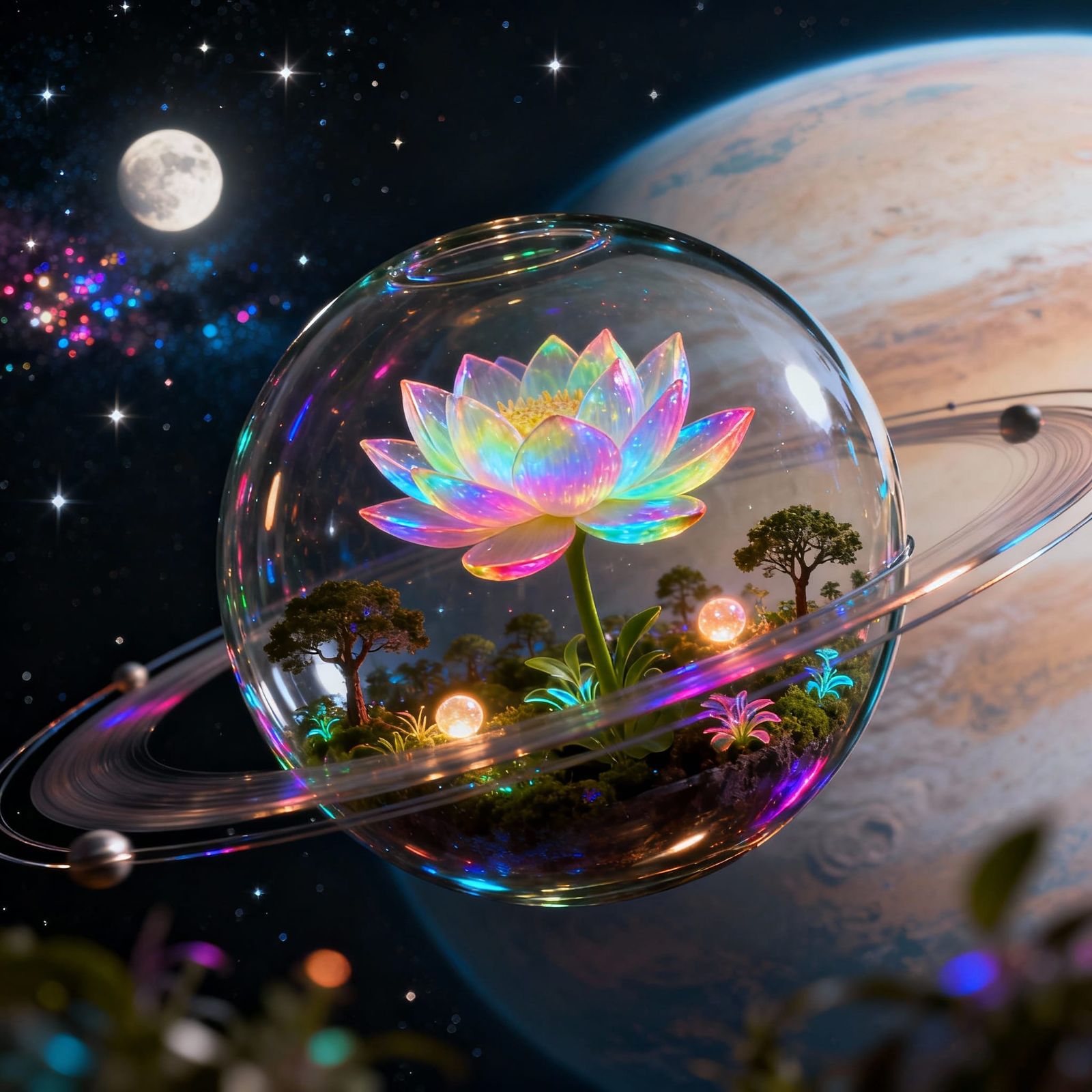 Glowing Lotus Flower in Orbital Space Garden Globe