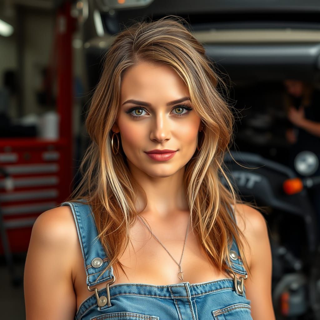Violet-Haired Woman Repairs Car in Garage