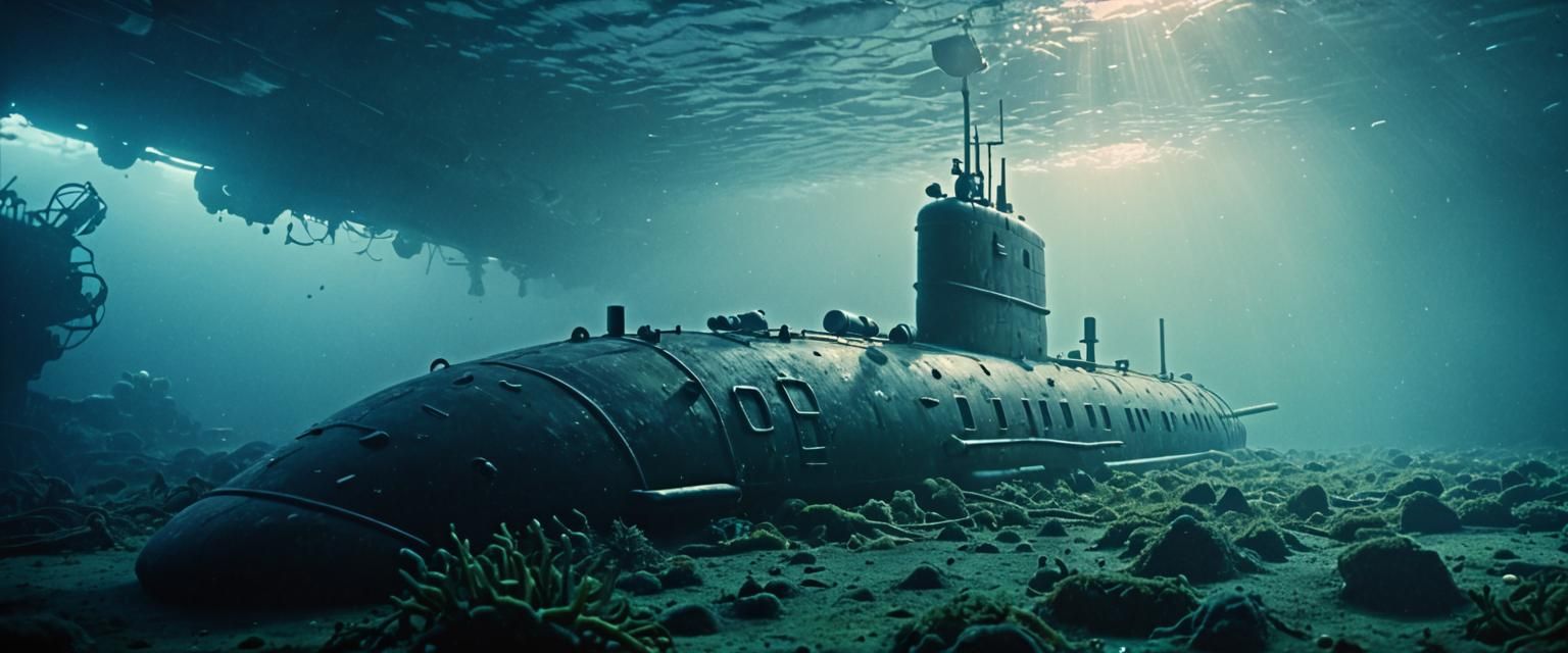 Hyperrealistic Submarine on Ocean Floor in HDR