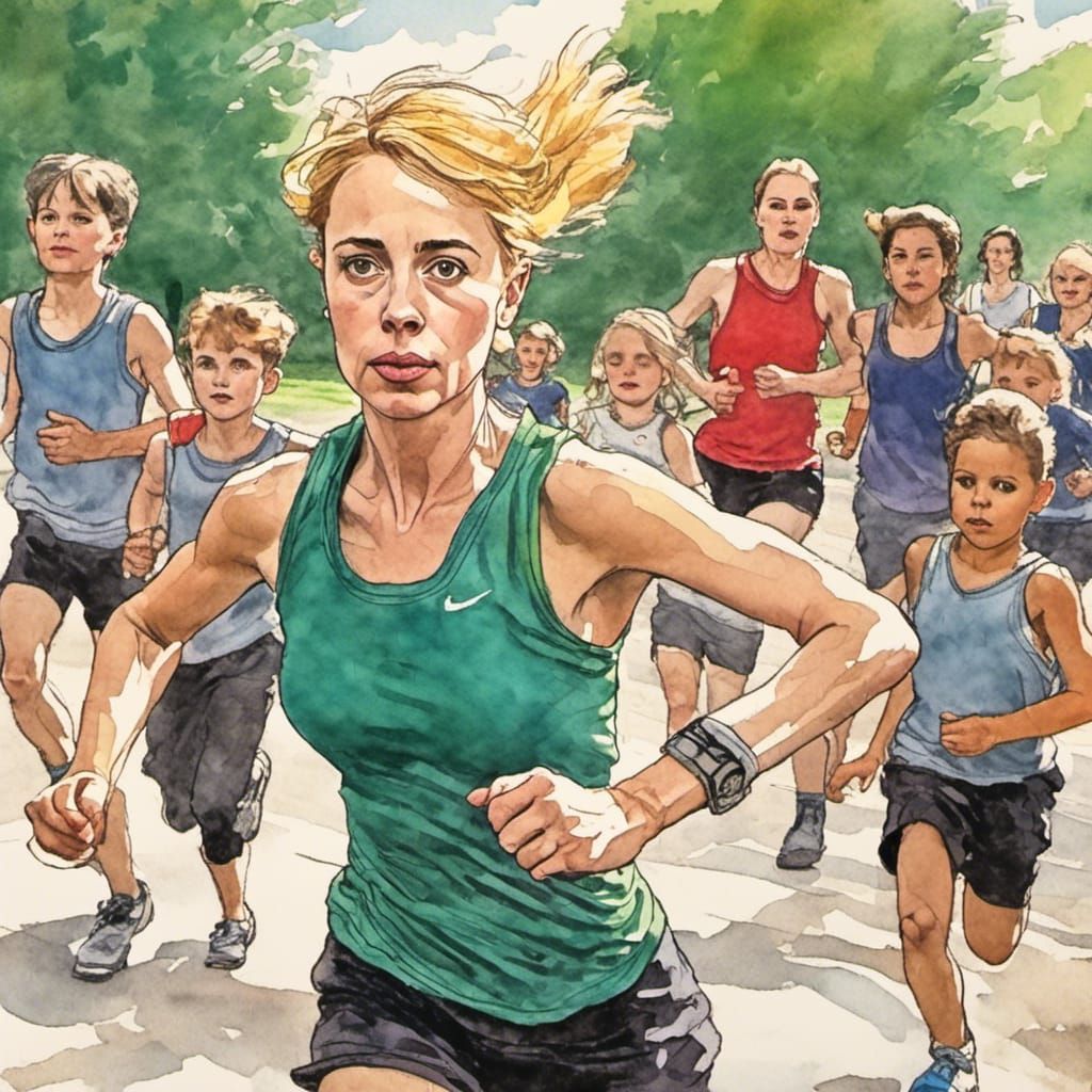 Athletic Woman Trains Children: Inked Portrait