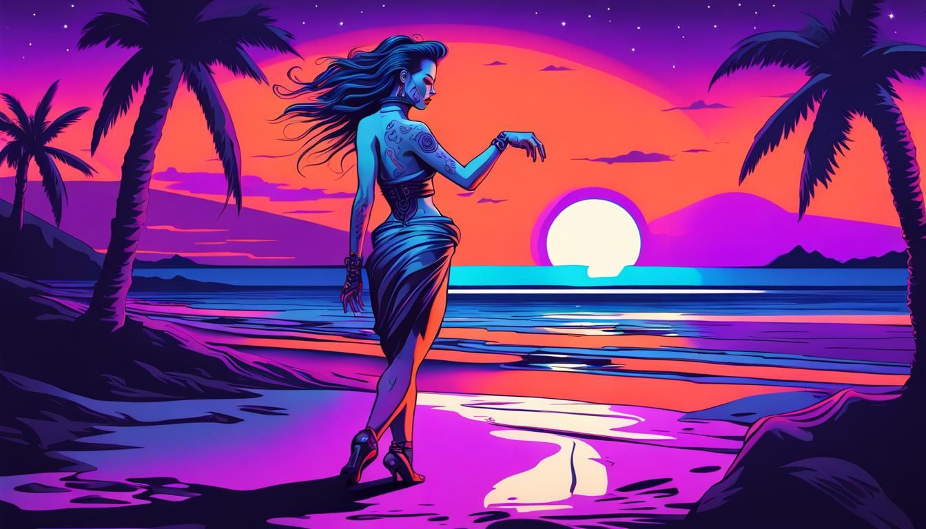 Cyberpunk Tattoo Woman Dancing on Moonlit Beach