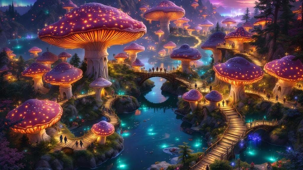 Bioluminescent Mushroom City of Gnomes at Night