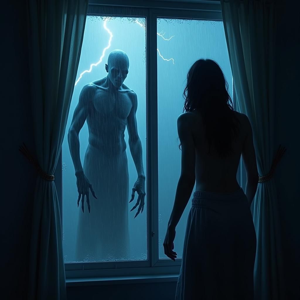 Eerie Elfin Figure at Stormy Window, Fantasy Art