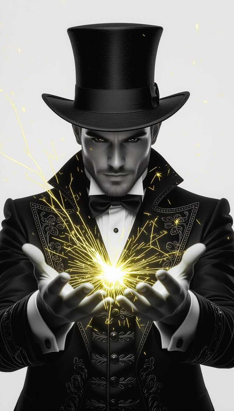 Magician Conjures Electricity: Black and White Digital Art