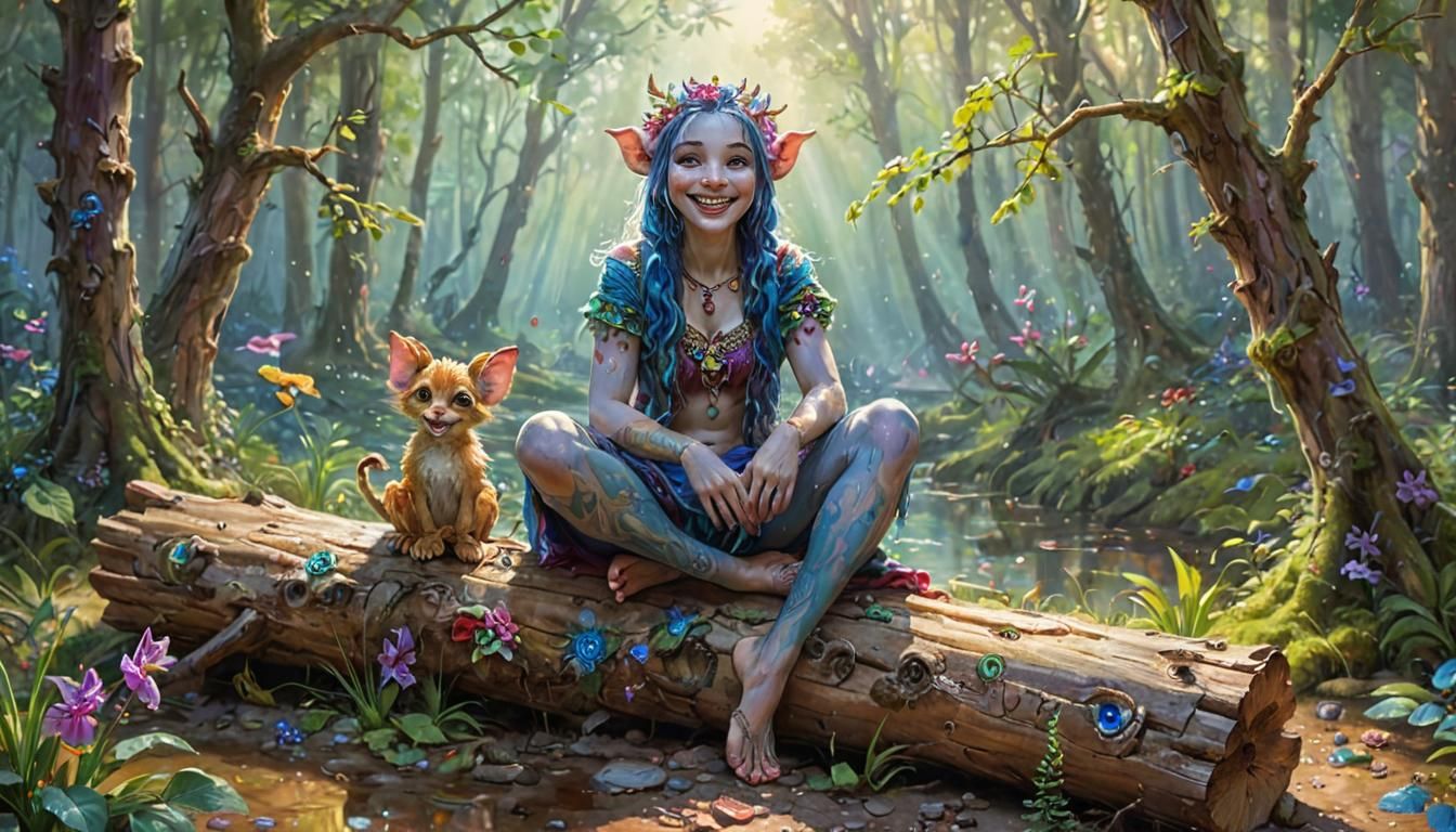 Smiling Creature in Forest, Romantic Figurative Art