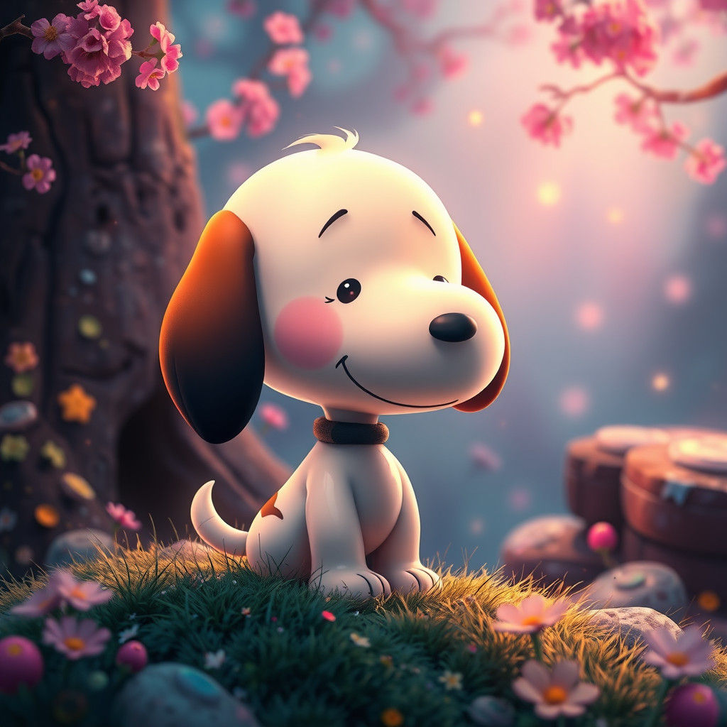 Dreamy Baby Snoopy in Whimsical Fantasy Landscape