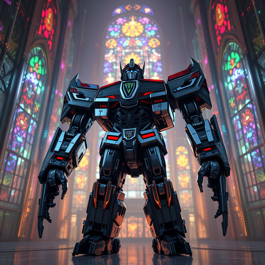 Galvatron in Stained Glass Metropolis: Digital Art