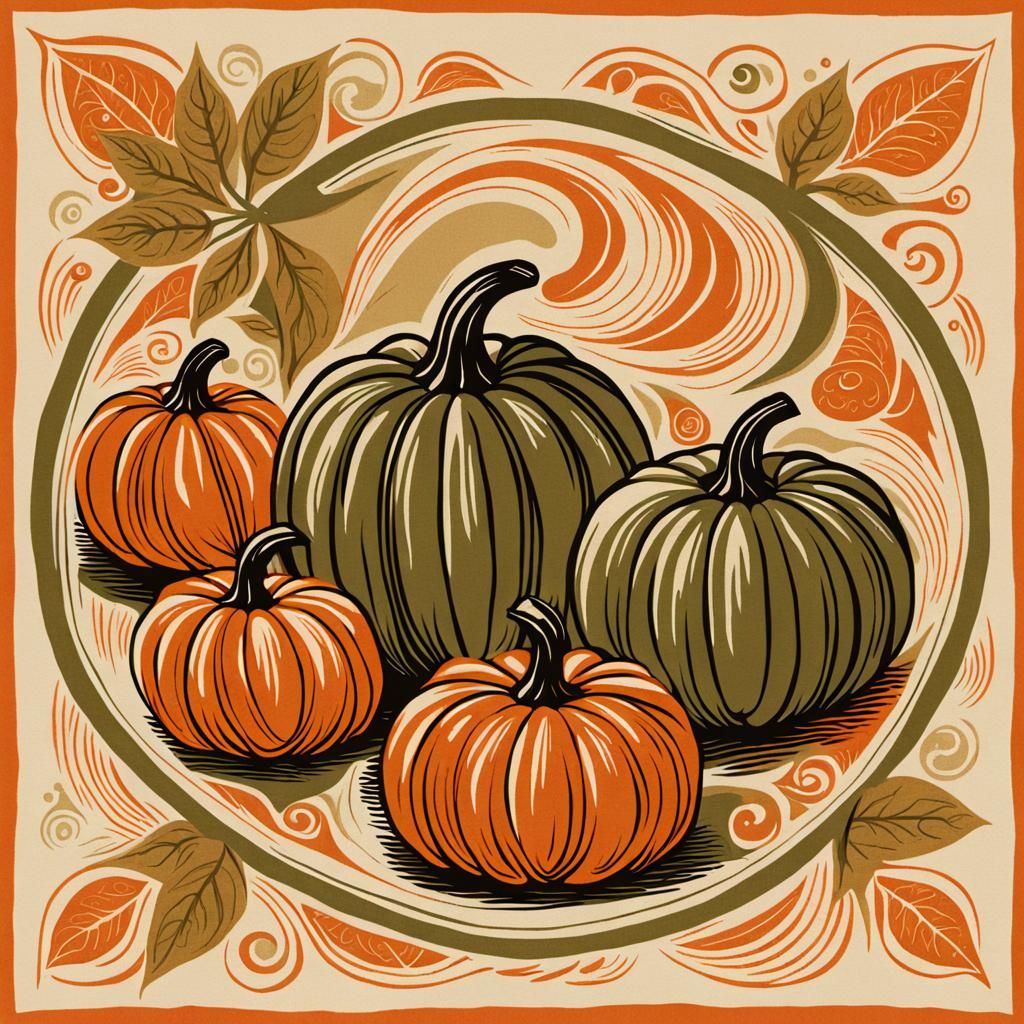 Harvest Pumpkins in Woodcut Style