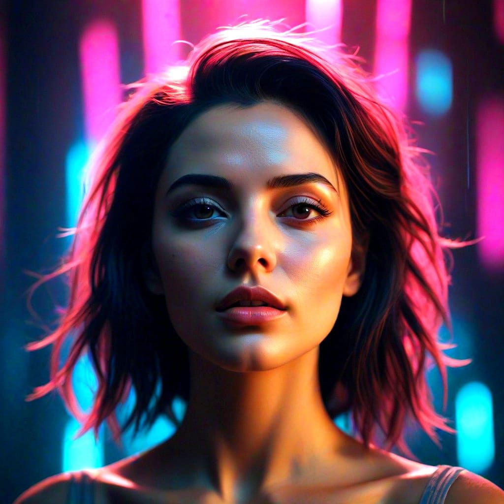 Dreamy Cyberpunk Goddess Captured in Neon-Lit Close-Up