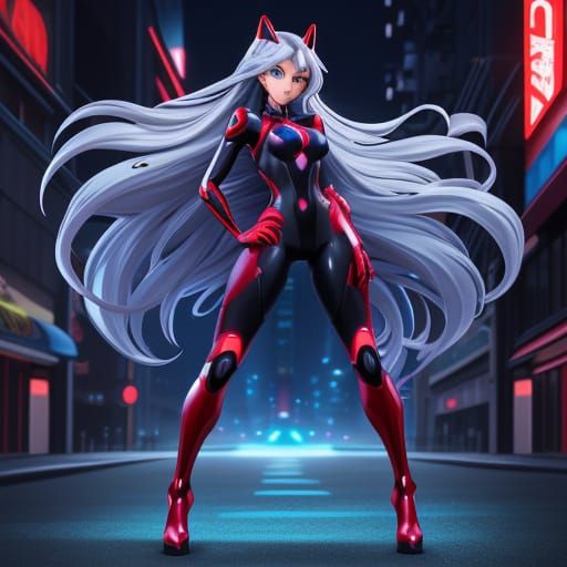Anime Girl in Red Bodysuit on Neon City Street