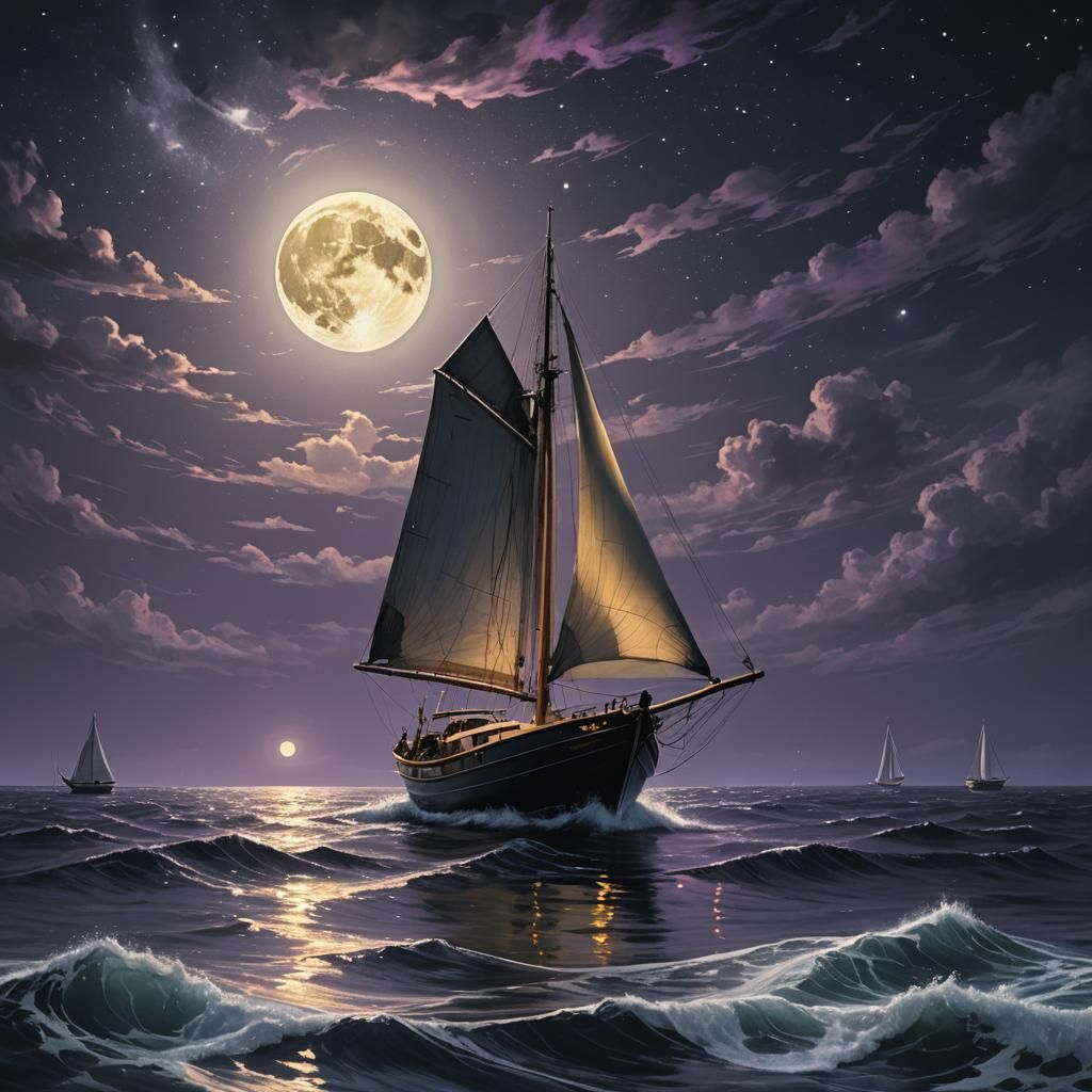 Moonlit Sailboat in Dark Fantasy Style