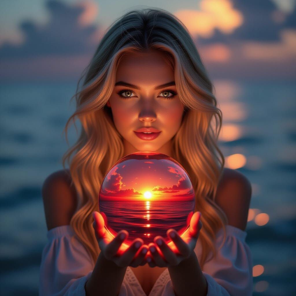 Young Woman Holds Orb Reflecting Blood Red Sea