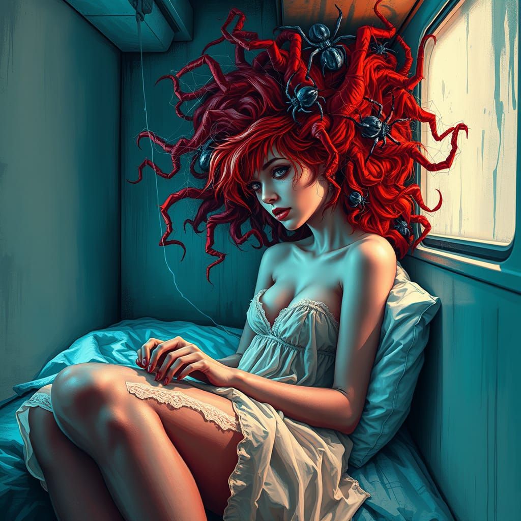 Woman in Fiery Red Hair, Surrounded by Spiders, in a Night T...