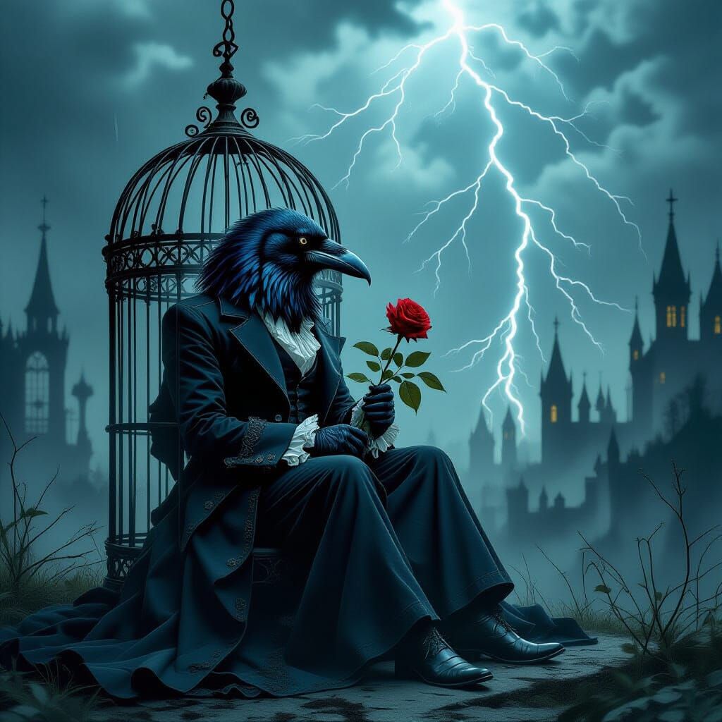Gothic Raven in Ornate Cage During Storm