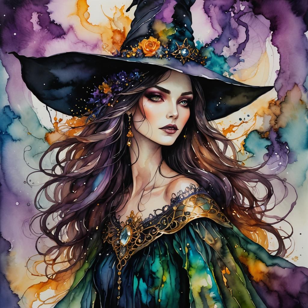 Magical Witch Woman in Mixed Media with Alcohol Ink