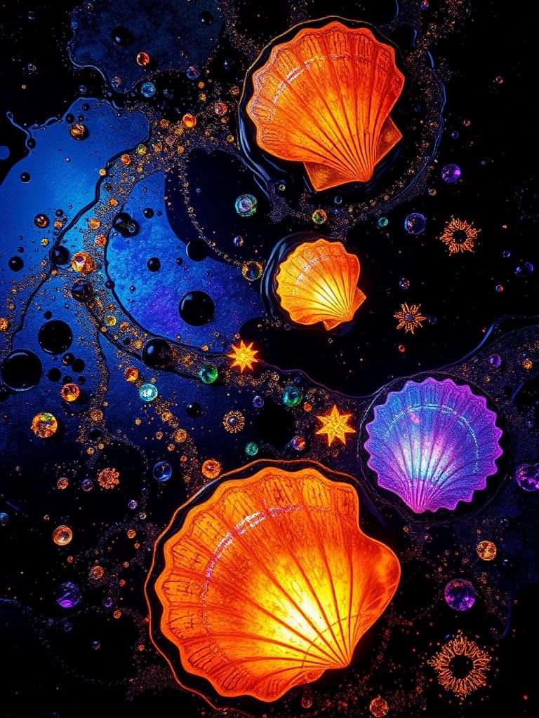 Bioluminescent Seashells in Abyssal Liquid