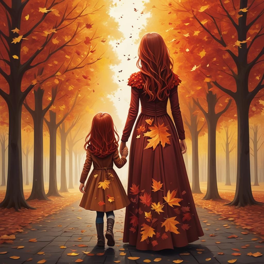 Autumnal Redheads in Meadow of Leaves