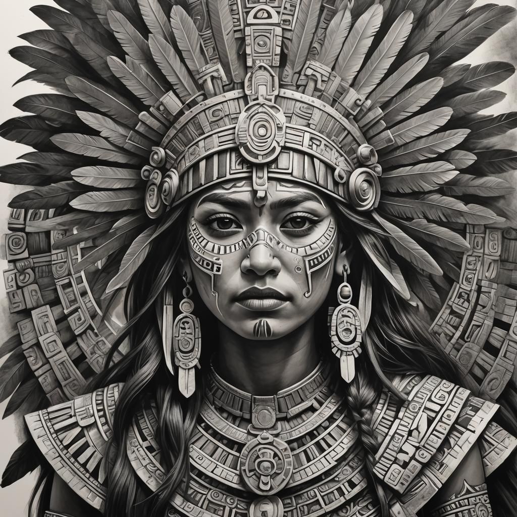 Detailed Charcoal Drawing of Aztec Woman