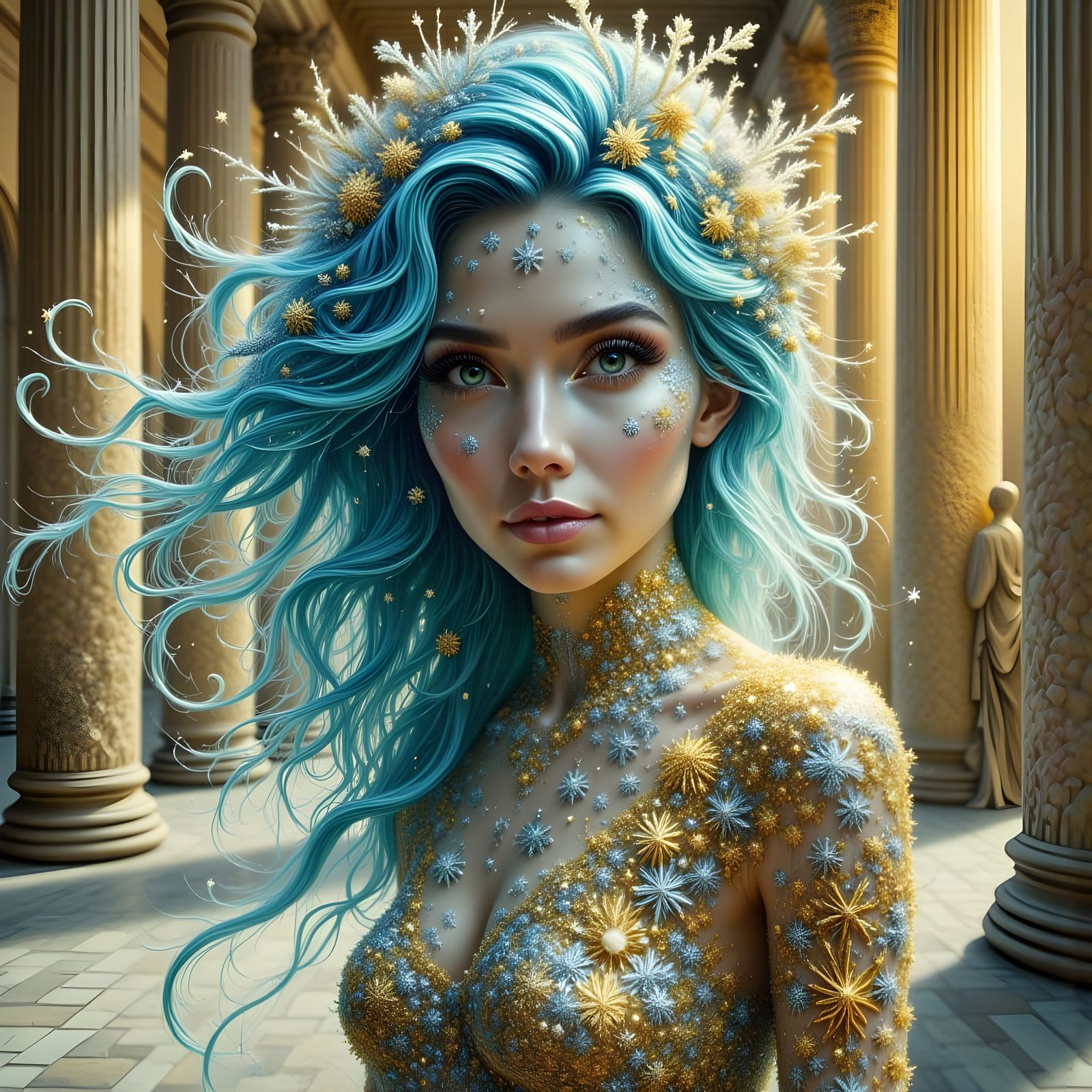 Blue-Haired Woman in Greek Theatre, Art Nouveau Style