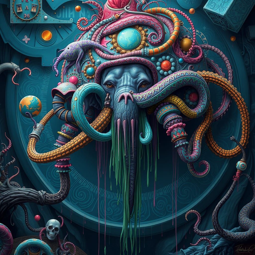 Elephant in Infinite Spiral of LSD Drip, Hyper Realistic Psy...