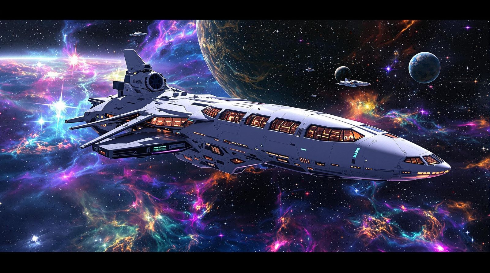 Sleek Spaceship Journey Through Vibrant Cosmos