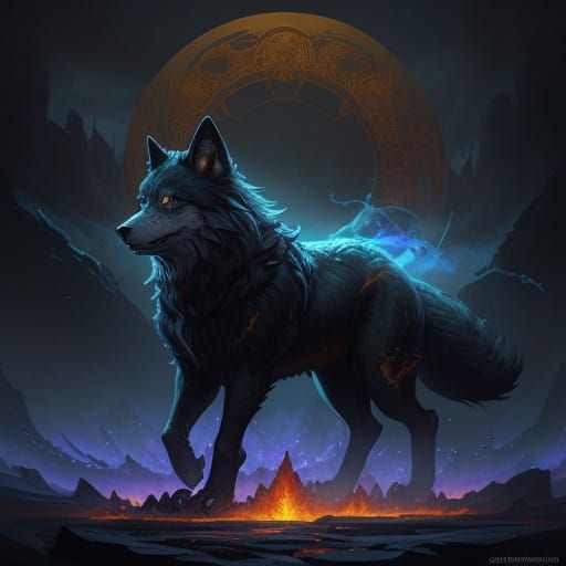 Fiery Wolf Stands Aglow in Dark Fantasy Scene