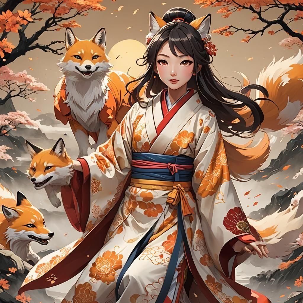 Kitsune and Girl in Anime Style