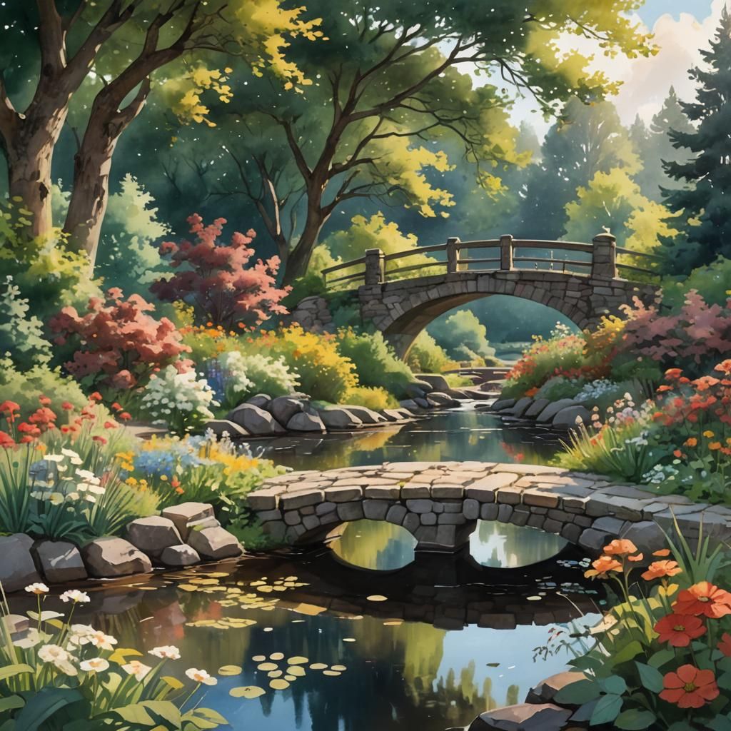 A watercolor painting of a walled garden, stream, bridge, tr...
