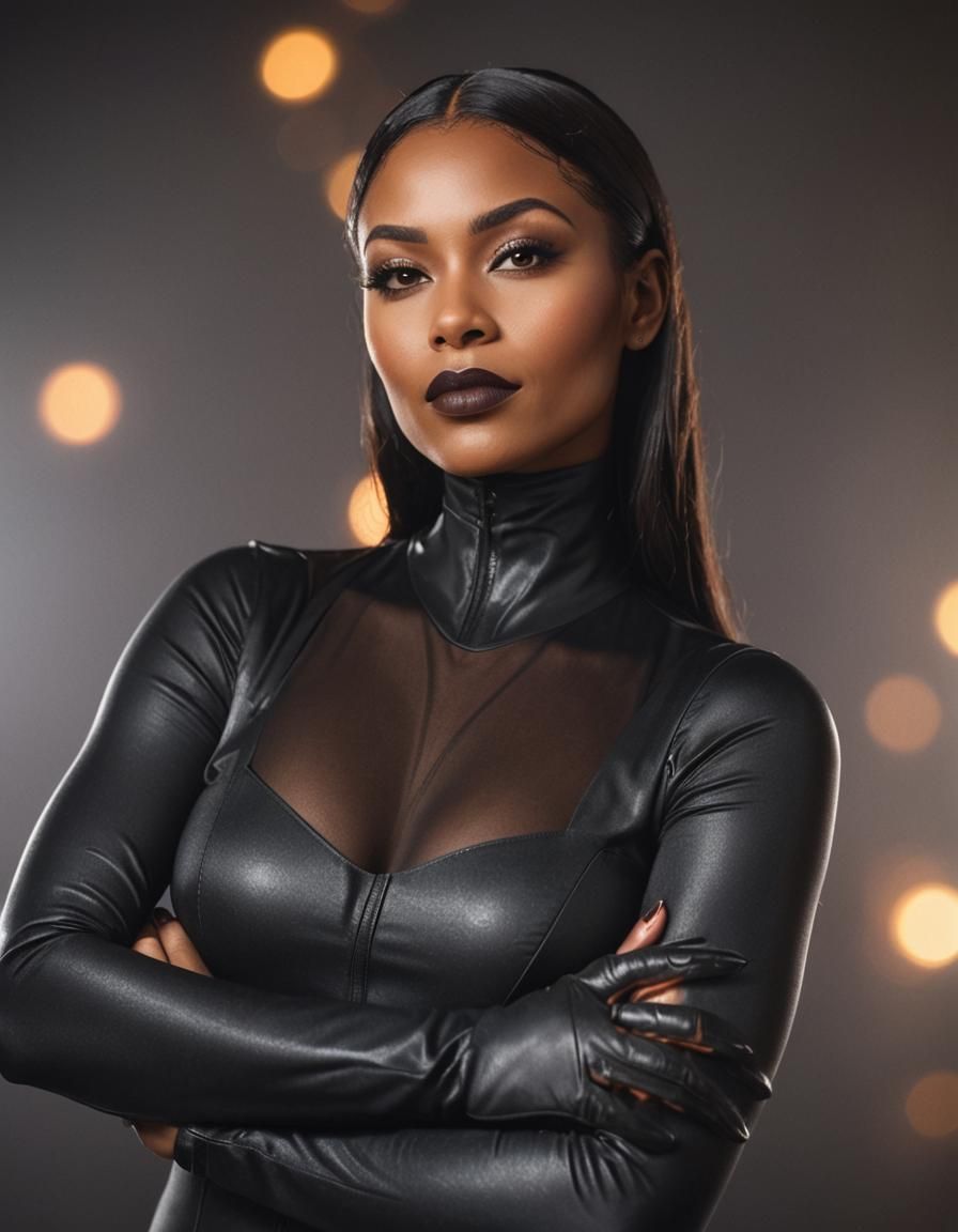 Striking Portrait of Woman in Catsuit, Hyperrealistic Style