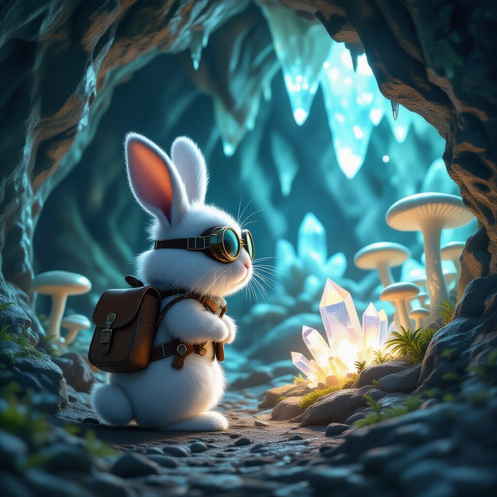 Rabbit Adventurer Explores Glowing Crystal Cavern