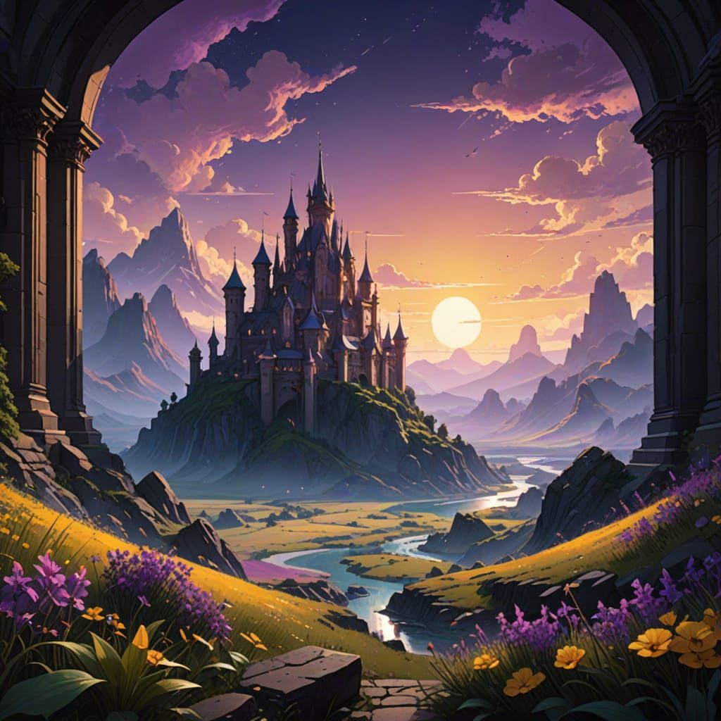 Dark Fantasy Landscape with Split Day and Night