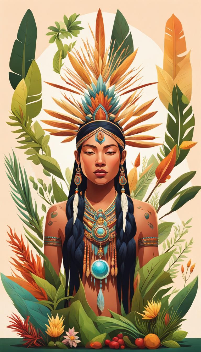 Magical herbal plants and crystals standing with indigenous ...