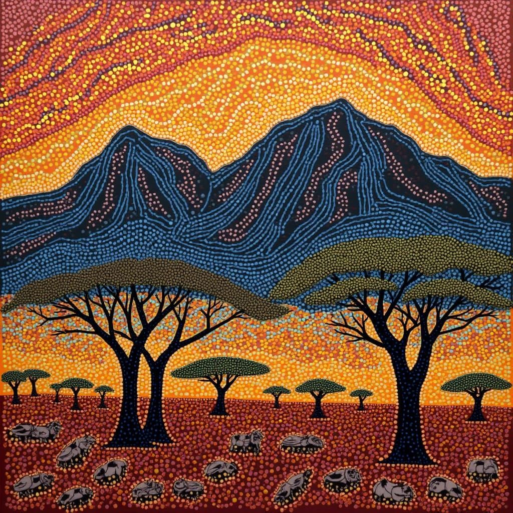 Surreal African Landscape in Aboriginal Artistic Style