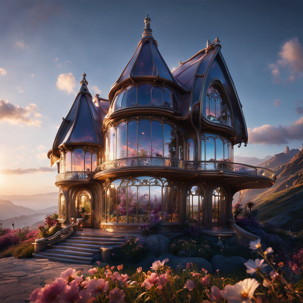 Surreal Art Nouveau Fairy House Amidst Vibrant Flowers and S...